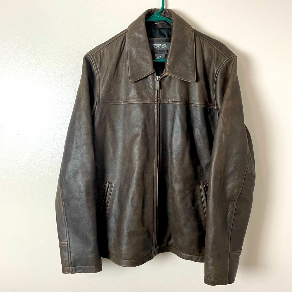 Kenneth Cole Reaction Leather Bomber Coat zip up Lined Brown Medium - Picture 1 of 13